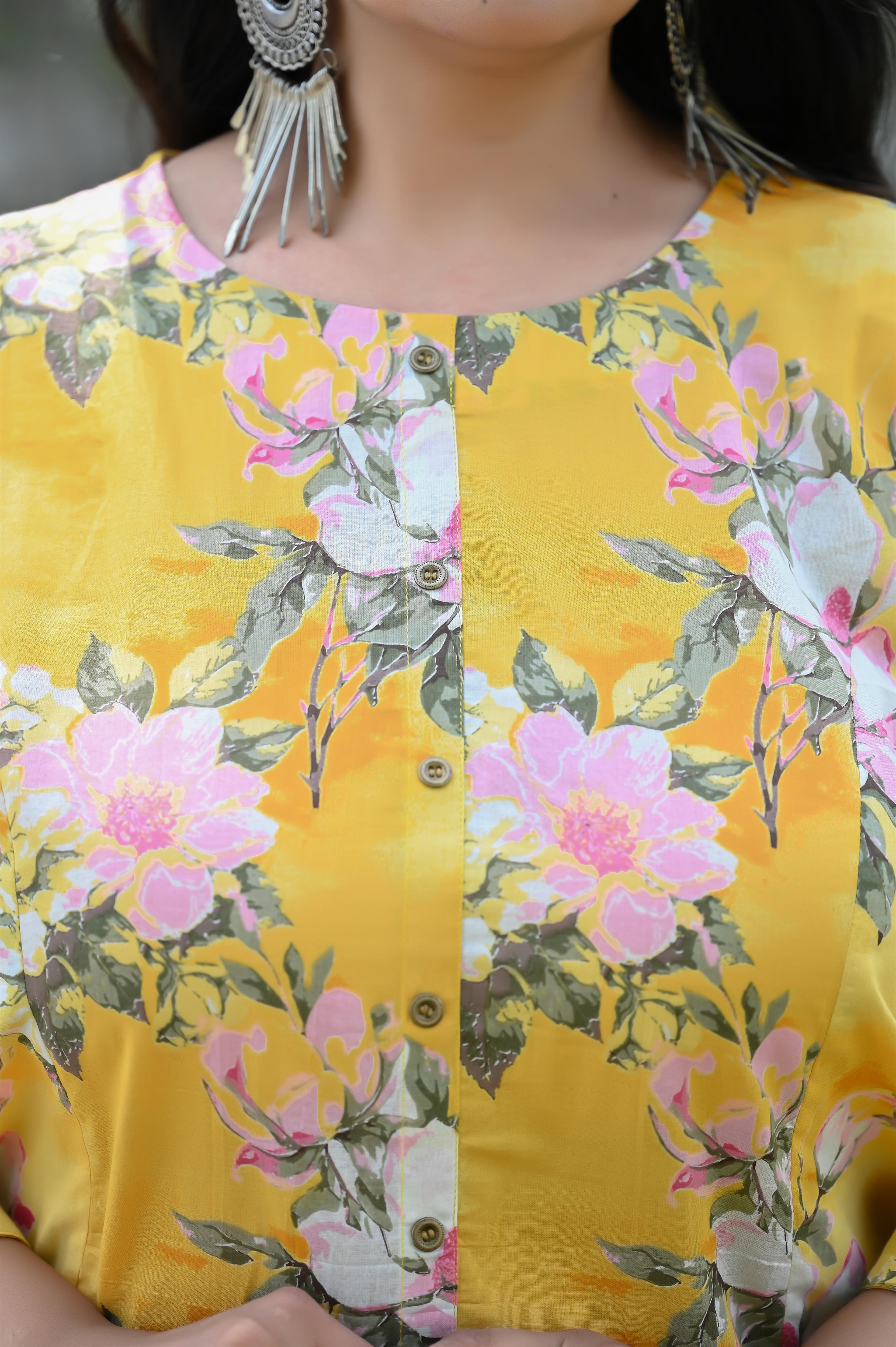Yellow-Pink Floral Printed A Line Kurta-Pant
