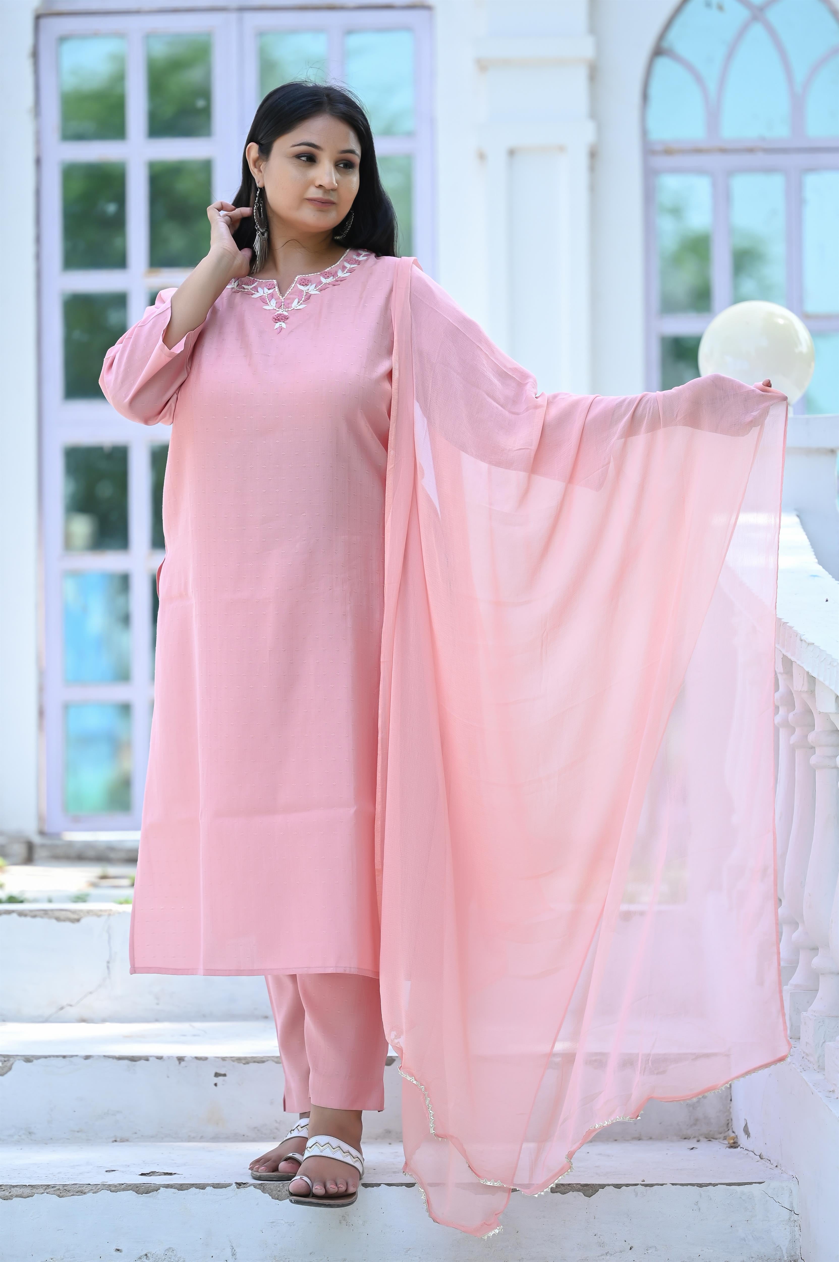Peach Color Handwork Embroidered Chanderi Silk Kurta-Pant