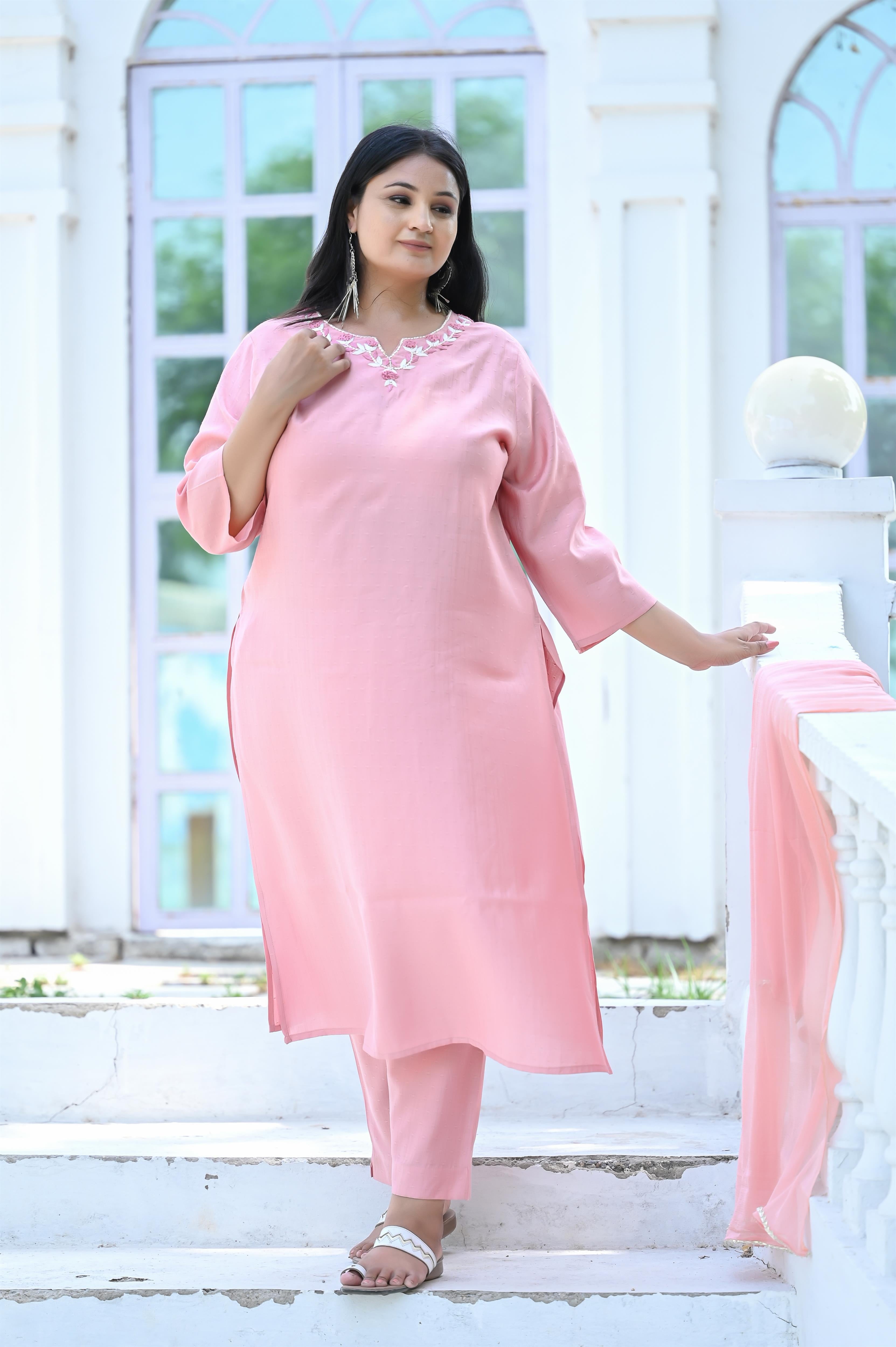 Peach Color Handwork Embroidered Chanderi Silk Kurta-Pant