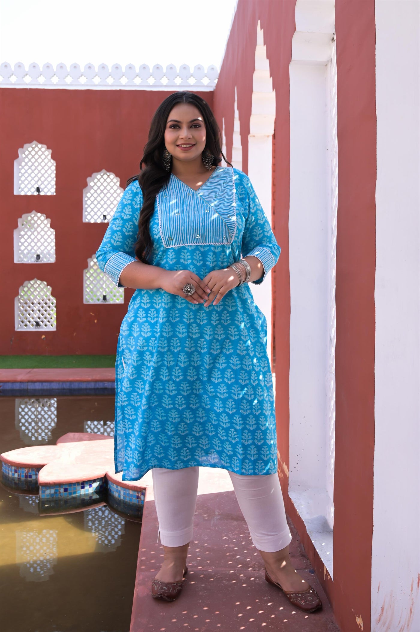 SKY BLUE V NECK HANDWORK COTTON STRAIGHT KURTA Vifa Plus