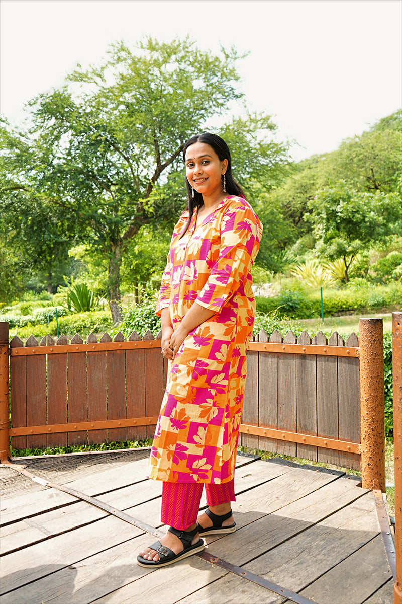 Orange-Pink Floral Printed Cotton Collared Kurta-Pant