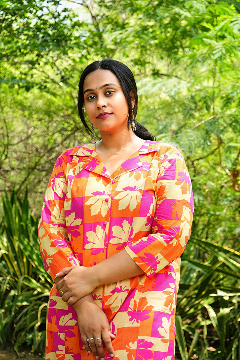 Orange-Pink Floral Printed Cotton Collared Kurta-Pant