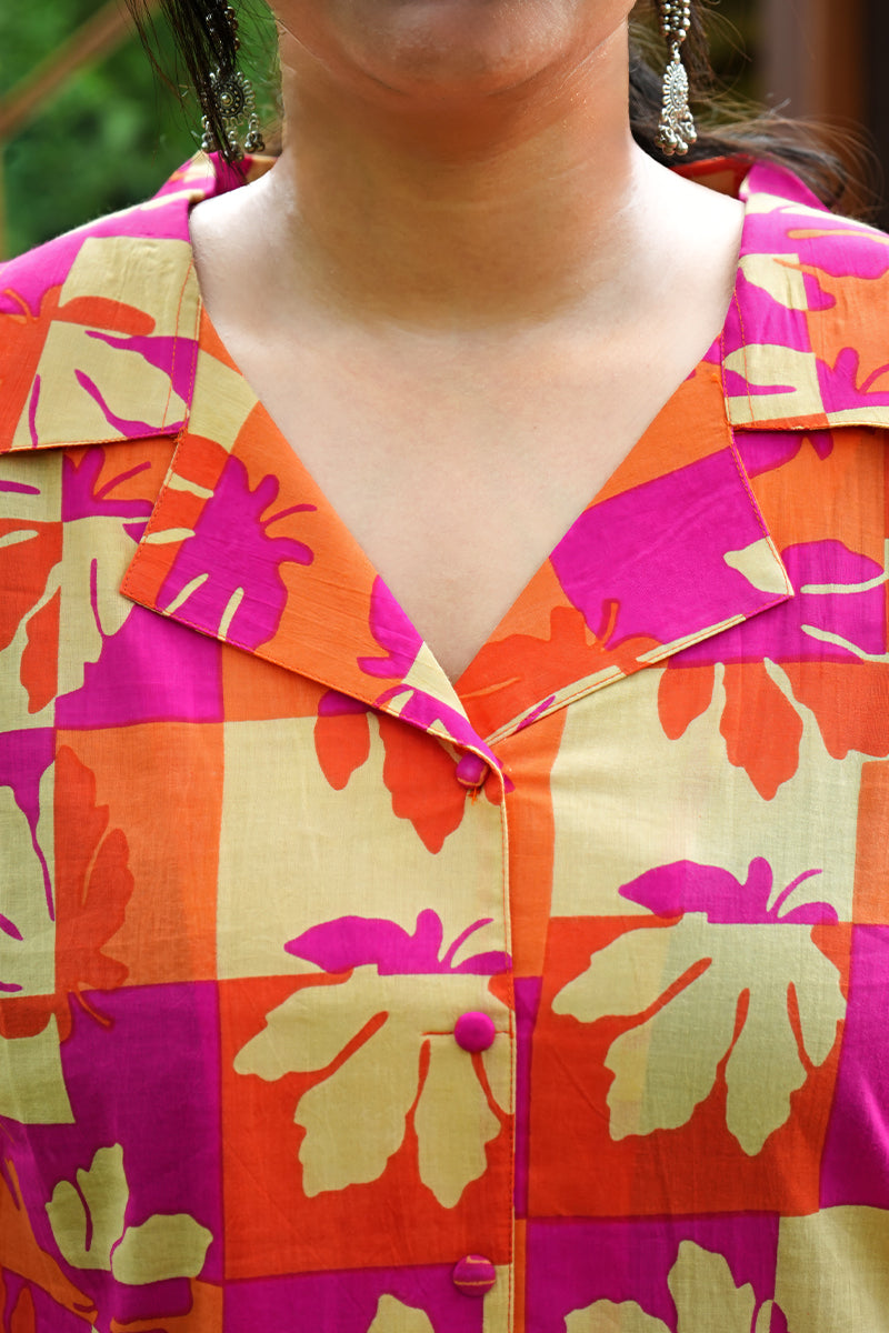 Orange-Pink Floral Printed Cotton Collared Kurta-Pant